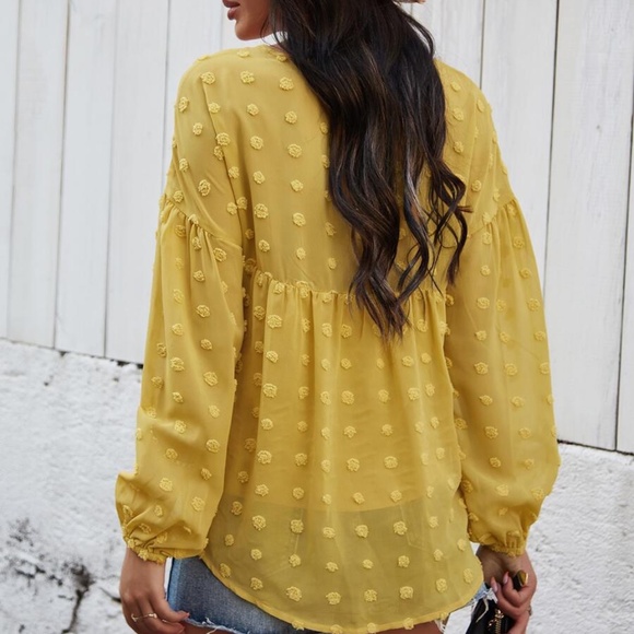 v neck mustard spring dot top bishop sleeve boho - Picture 3 of 4